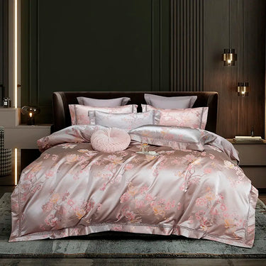 Luxury Pink Silver Floral European Jacquard Satin Bedding set